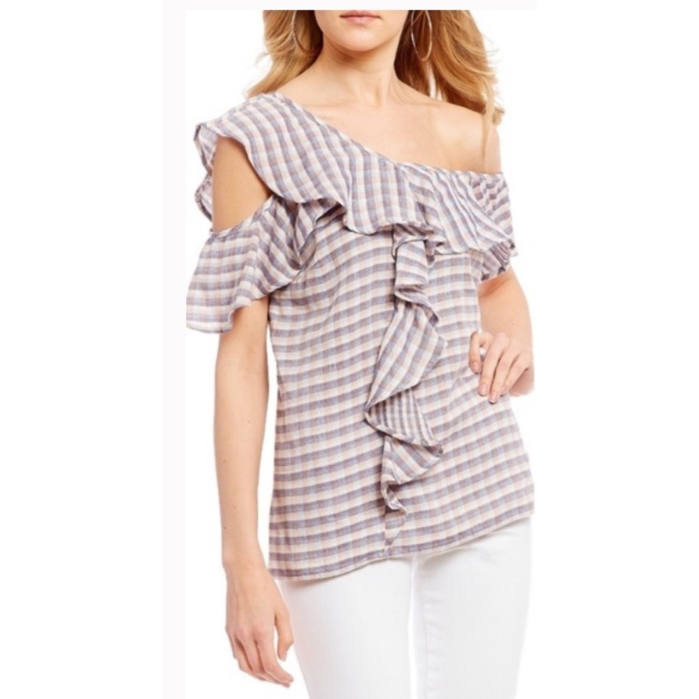 Jessica Simpson Ruffled Gingham Preppy Off One Shoulder Blouse Deep Colbolt